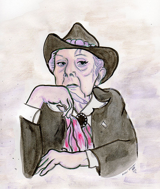 Quentin Crisp. Quickie illustration by Michele Witchipoo. Created March 28th, 2013. Pen, ink, glitter watercolor. 
