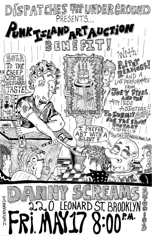 Flyer for Punk Island Art Benefit, May 2013. Artwork by Justin Melkmann.