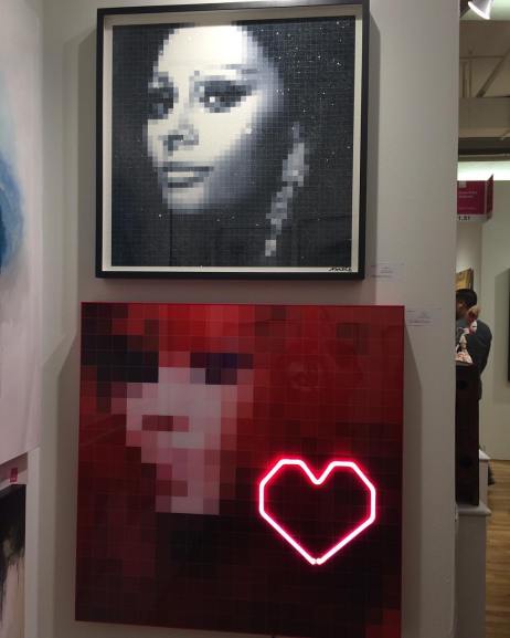 Portraits. Top is Sophia Loren, bottom is Bjork. Artist Moriello. Affordable Art Fair. April 2016. Photo by Michele Witchipoo.